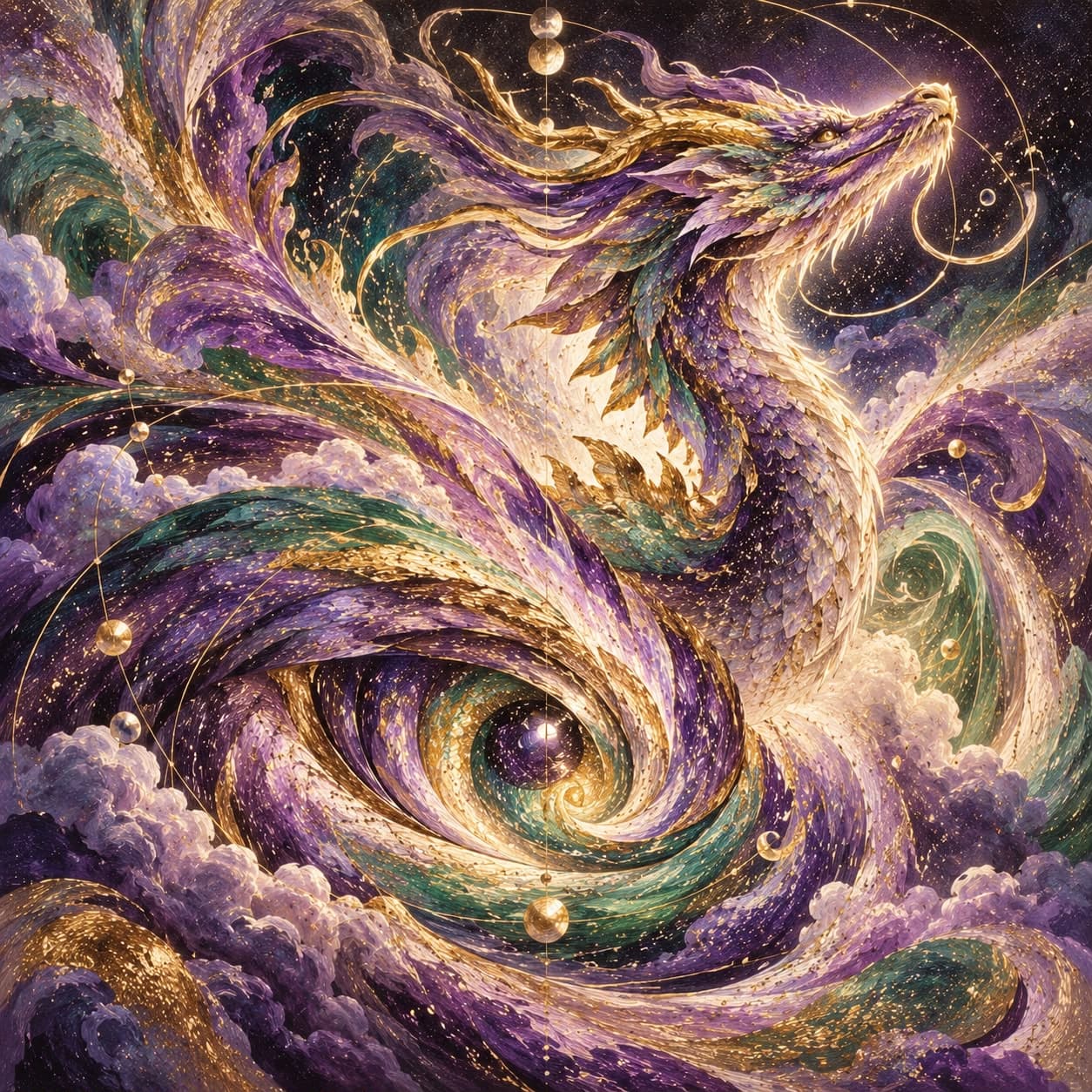 A dragon coiling through purple, green and gold clouds around a vortex that forms an eye