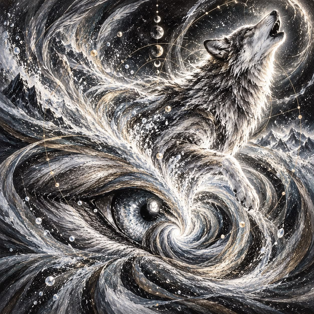 A grey wolf howling above a swirling black-and-silver vortex that forms an eye